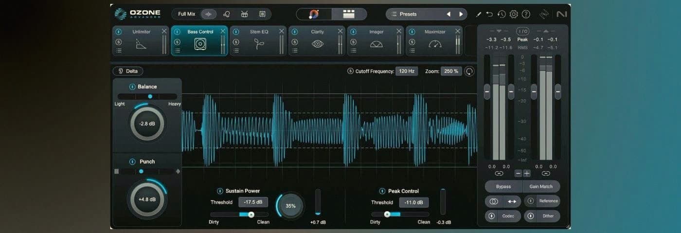 Ozone 12 kann jetzt Vocals, Drums und Bass in einem fertigen Stereo-Master einzeln per EQ bearbeiten
